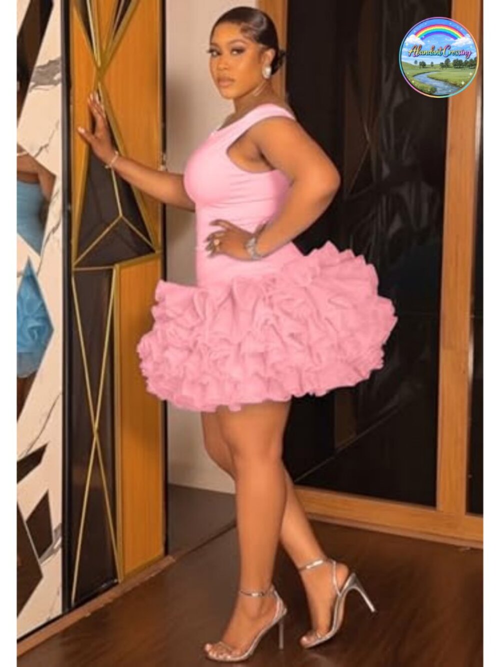 Puffy Ruffle Off Shoulder Mini Dress with Pearl Straps